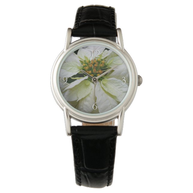 White Poinsettia Elegant Christmas Holiday Floral Watch (Front)