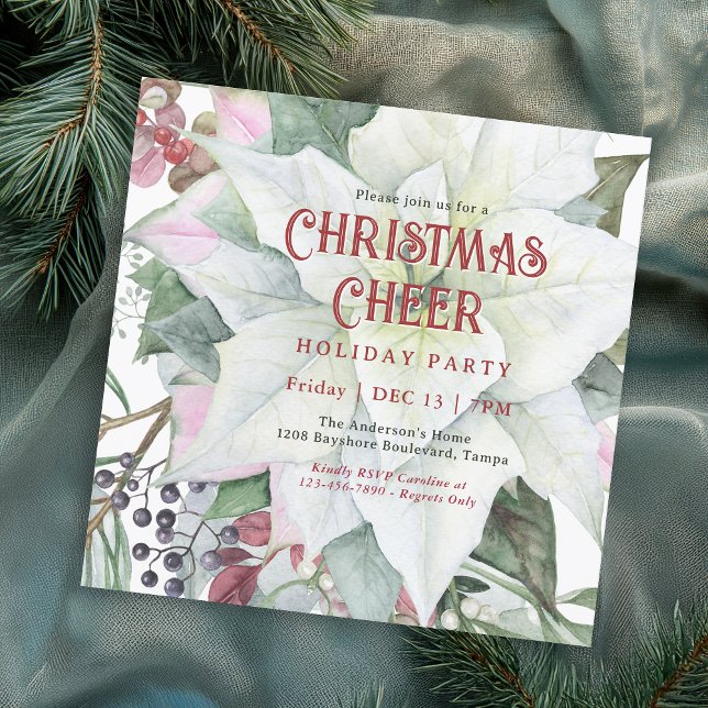 White Poinsettia Festive Floral Christmas Party Invitation (Available in both printed and instant download digital formats.)
