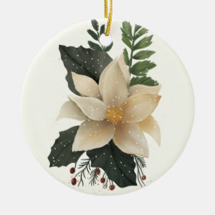 White Poinsettia Flower Snowy Merry Christmas  Ceramic Tree Decoration