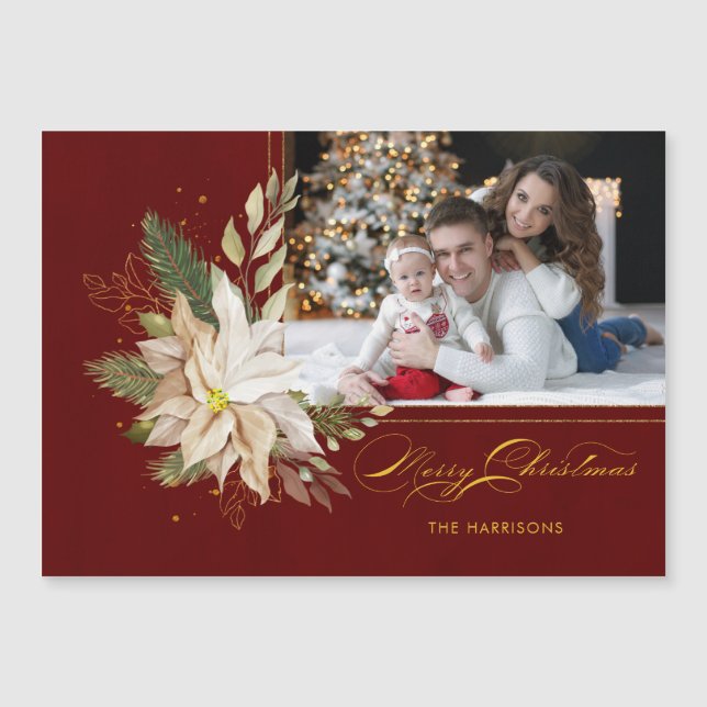 White Poinsettia, Gold Greenery Calligraphy Photo (Front)