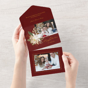 White Poinsettia, Gold Greenery Calligraphy Photo All In One Invitation