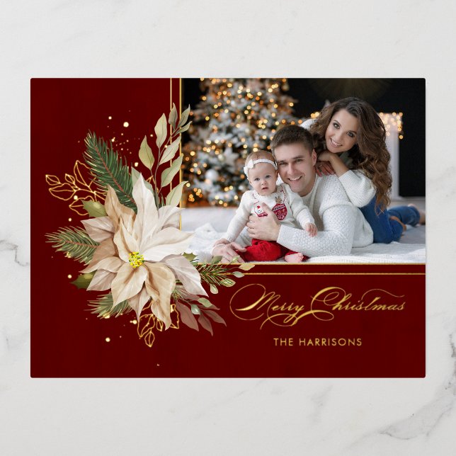 White Poinsettia, Gold Greenery Calligraphy Photo Foil Holiday Postcard (Front)