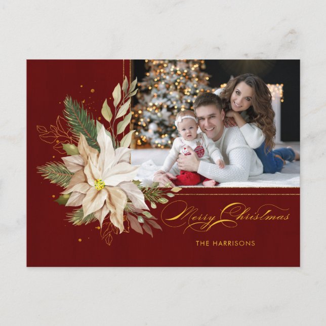 White Poinsettia, Gold Greenery Calligraphy Photo Holiday Postcard (Front)