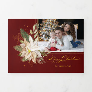 White Poinsettia, Gold Greenery Calligraphy Photo Tri-Fold Holiday Card