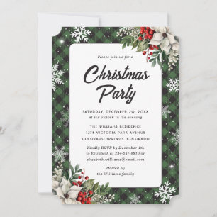 White Poinsettia Green Plaid Christmas Party Invitation