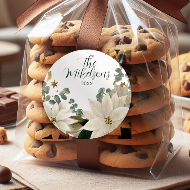 White Poinsettia Holiday Party Classic Round Sticker (Creator Uploaded)