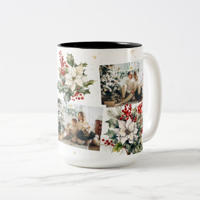 White Poinsettia Holly Red Berries Photo Christmas Two-Tone Coffee Mug (Front Right)