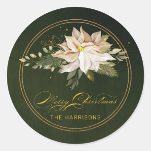 White Poinsettia & Merry Christmas Calligraphy Classic Round Sticker