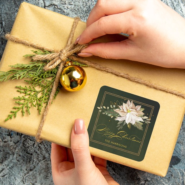 White Poinsettia & Merry Christmas Calligraphy Square Sticker (Creator Uploaded)