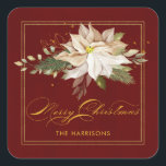 White Poinsettia & Merry Christmas Calligraphy Square Sticker<br><div class="desc">Elegant artistic white poinsettia,  green leaves,  winter pine,  gold greenery and sparkles with "Merry Christmas" custom calligraphy on deep red background. Includes editable text field.</div>