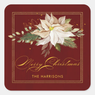 White Poinsettia & Merry Christmas Calligraphy Square Sticker