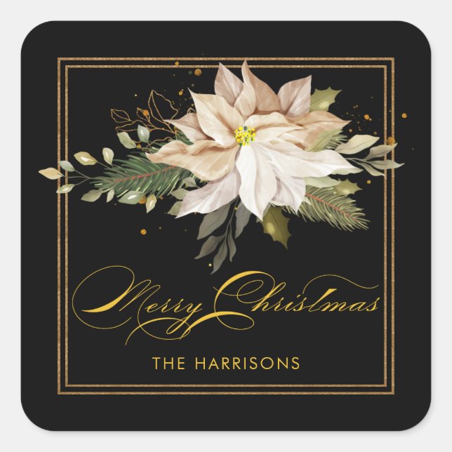 White Poinsettia & Merry Christmas Calligraphy  Square Sticker (Front)