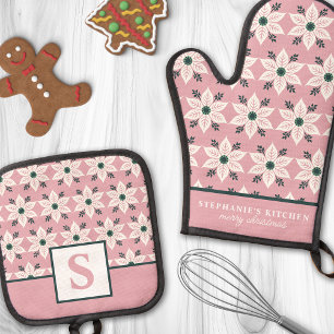 White Poinsettia on Pink Floral Monogrammed Oven Mitt & Pot Holder Set