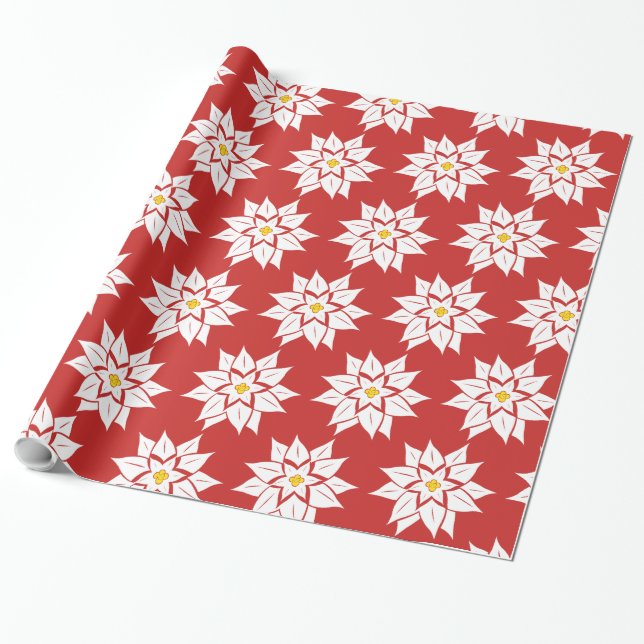 White Poinsettia on Red Wrapping Paper (Unrolled)
