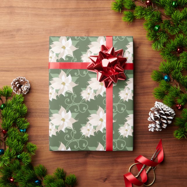White Poinsettia Pattern Swirls Green Christmas Wrapping Paper (Holiday Gift)