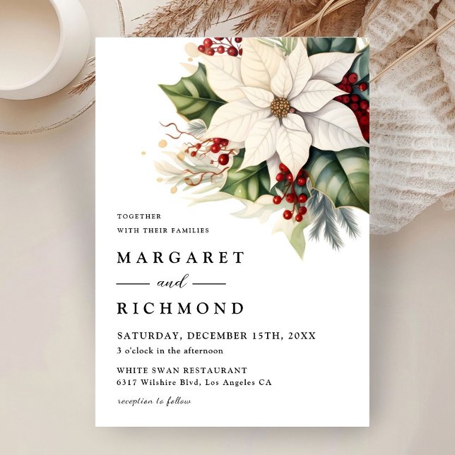 White Poinsettia & Red Berries Christmas Wedding  Invitation (Creator Uploaded)