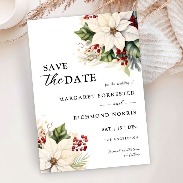 White Poinsettia Red Berries Wedding Save The Date Invitation (Creator Uploaded)