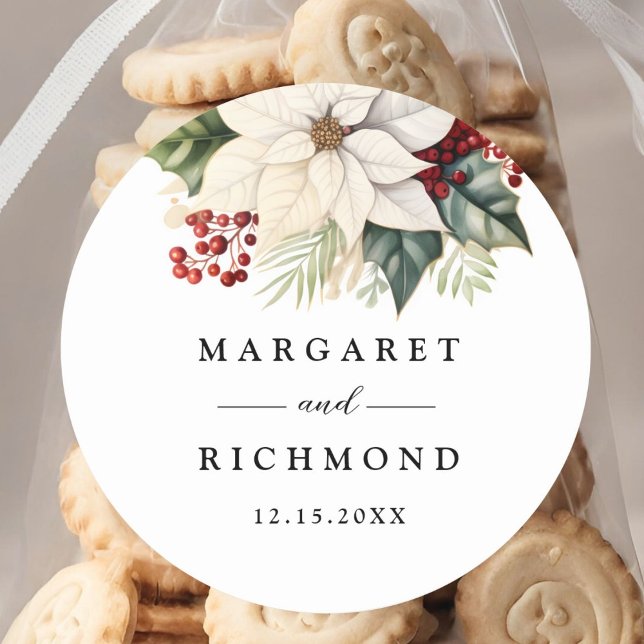 White Poinsettia Red Berries Winter Wedding Classic Round Sticker (Creator Uploaded)