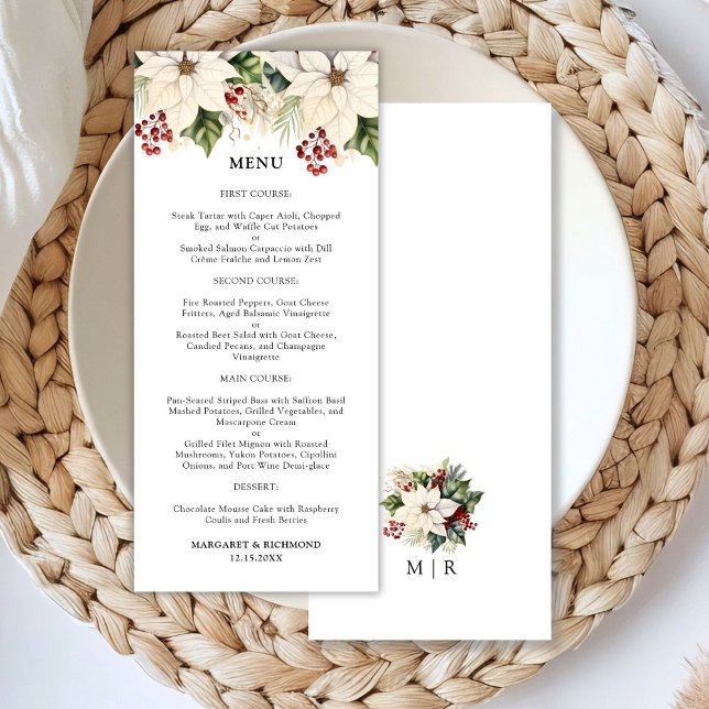 White Poinsettia Red Berries Winter Wedding Menu (Creator Uploaded)