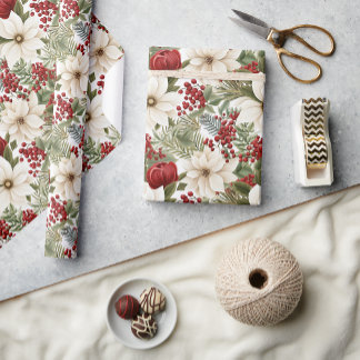 White Poinsettia, Red Floral Christmas | Wrapping Paper