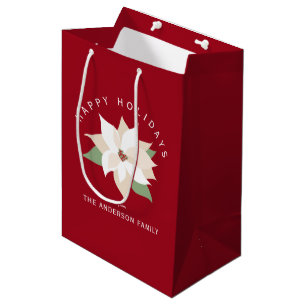 White Poinsettia Red Happy Holidays Medium Gift Bag