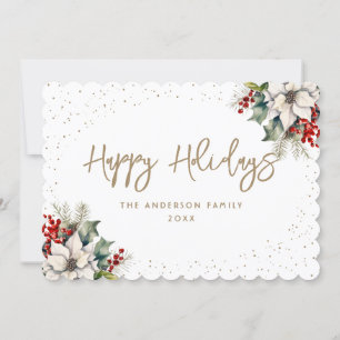 White Poinsettia Spruce Holly Red Berries Holiday Card