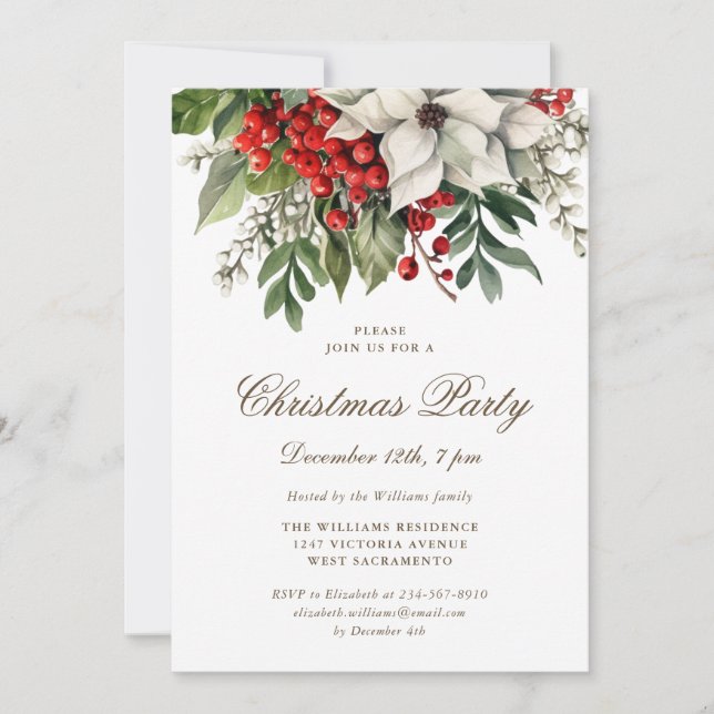 White Poinsettia Winter Berries Christmas Party Invitation (Front)
