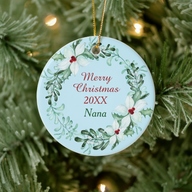 White Poinsettia Wreath Nana Photo Template Ceramic Tree Decoration (Tree)