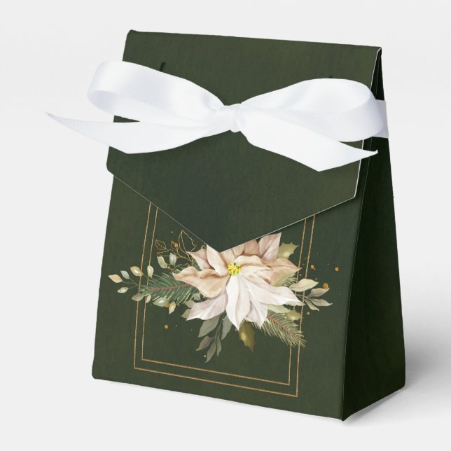 White Poinsettias & Faux Gold Glitter Leaves Favour Box (Front Side)