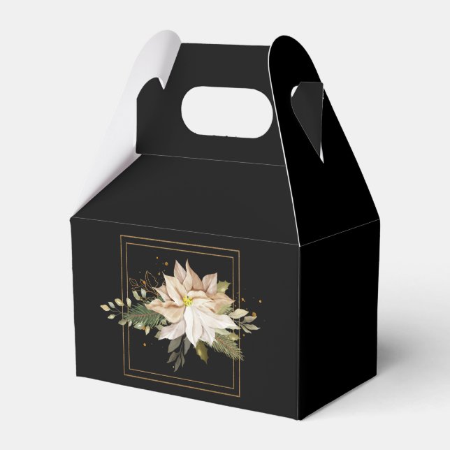 White Poinsettias & Faux Gold Glitter Leaves  Favour Box (Front Side)