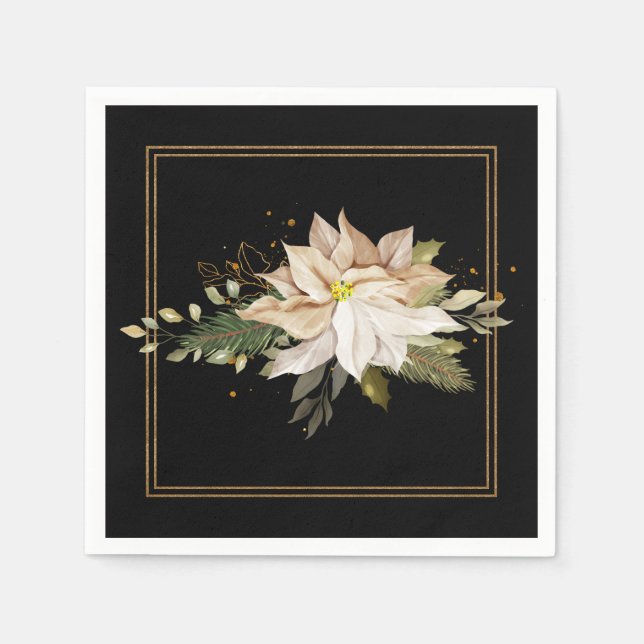 White Poinsettias & Faux Gold Glitter Leaves  Napkin (Front)