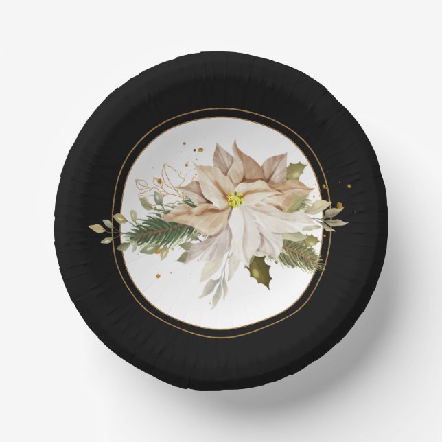 White Poinsettias & Faux Gold Glitter Leaves  Paper Plate (Front)