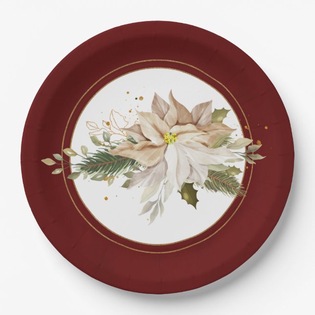 White Poinsettias & Faux Gold Glitter Leaves Paper Plate (Front)