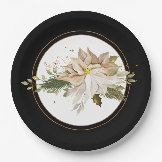 White Poinsettias & Faux Gold Glitter Leaves  Paper Plate (Front)