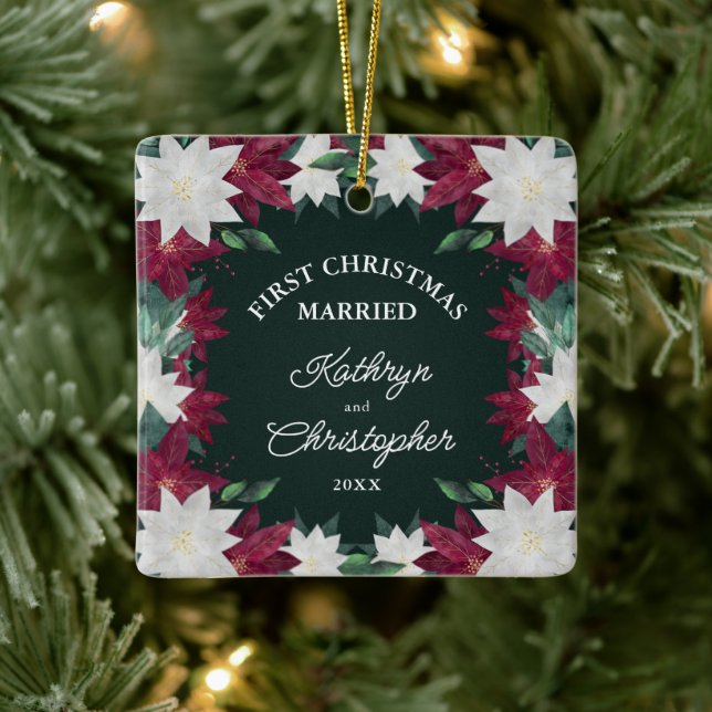 White Poinsettias First Christmas Married Ceramic Ornament (Tree)