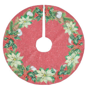 White Poinsettias, Holly and Berries Brushed Polyester Tree Skirt