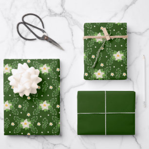 White Poinsettias on Green Background Wrapping Paper Sheet
