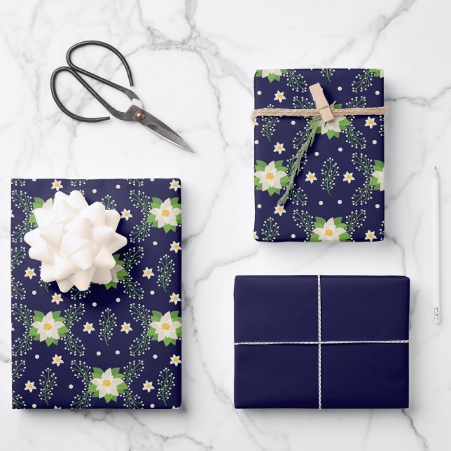 White Poinsettias on Navy Blue Background  Wrapping Paper Sheet (Front)