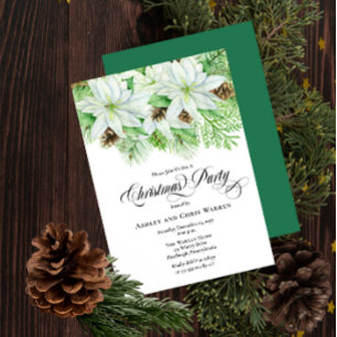 White Poinsettias Pinecones Pine Christmas Party Invitation