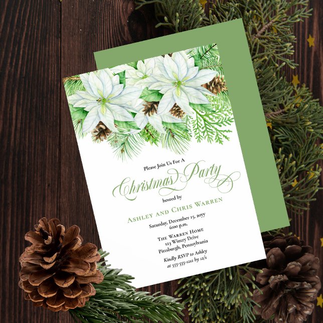 White Poinsettias | Pinecones Pine Christmas Party Invitation (Creator Uploaded)