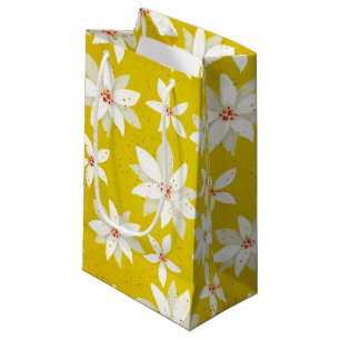 White Poinsettias Red Accents Bright Golden Yellow Small Gift Bag