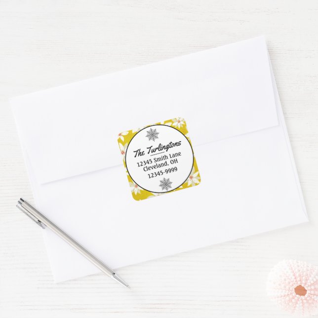 White Poinsettias Red Accents Bright Golden Yellow Square Sticker (Envelope)