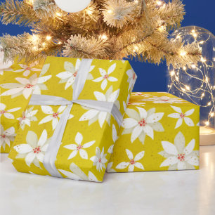 White Poinsettias Red Accents Bright Golden Yellow Wrapping Paper