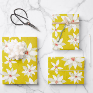 White Poinsettias Red Accents Bright Golden Yellow Wrapping Paper Sheet