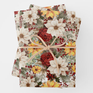 White Poinsettias & Sunflowers Christmas Wrapping Paper Sheet