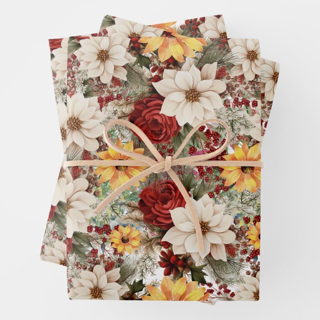 White Poinsettias & Sunflowers Christmas Wrapping Paper Sheet (In situ)