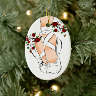 White Pointe Shoes, Roses Ballet Christmas Ceramic Tree Decoration