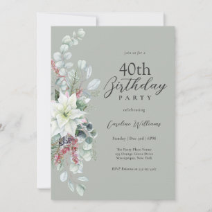 White Pointsettia Floral 40th Birthday Invitation