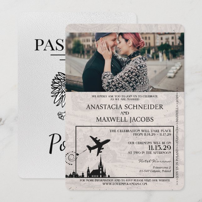 White Poland Passport Wedding Invitation (Front/Back)