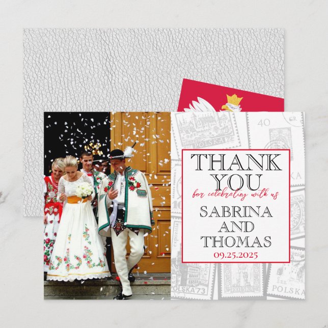 White Poland Wedding Photo Thank You Card (Front/Back)